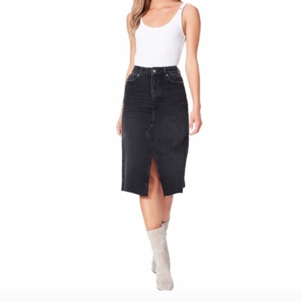 PAIGE High-Waist Black Denim Midi Skirt with Front Slit